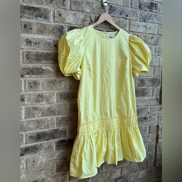 ENGLISH FACTORY
Ruffle Detail Puff Sleeve Poplin Dress  size Large Yellow - Picture 10 of 12